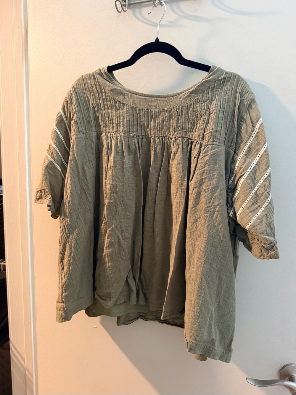 Roolee Olive Gauze Peasant Blouse with Lace-Trim Sleeves